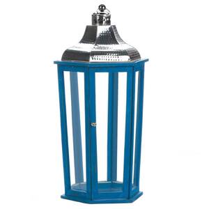 Nikki 5001064 Blue Wood Candle Lantern With Stainless Steel Top - 24 I