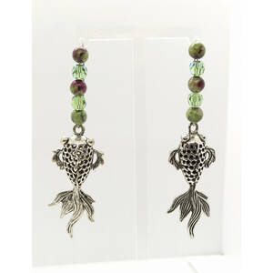 Wild E0046 Pewter Fish With Jasper And Swarovski Crystal Earrings