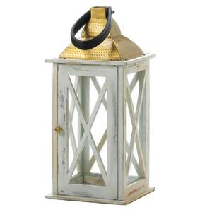 Nikki 5001067 Distressed White Wood Candle Lantern With Gold Top - 19 