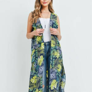Dobbi SS1058 Tropical Leaves Print Kimono Vest (pack Of 1)