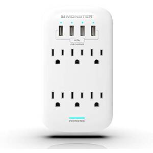 Monster ME-5016W Wall Tap Surge Protector 6 Ac 4 Usb-a (4.2amp) 980j F