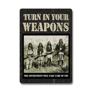 Rivers 1589 16in Turn In Your Weapons Tin Sign