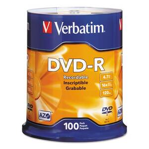 Verbatim 95102 Azo Dvd-r 4.7gb 16x With Branded Surface - 100pk Spindl