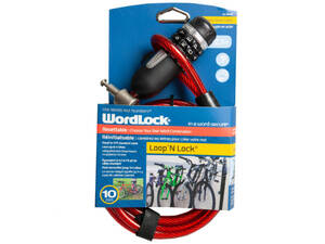 Bulk KL846 Wordlock Loop N Lock Red 10mm 7 Ft Resettable Bike Lock