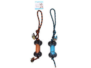 Bulk DI704 22quot; Dog Rope Pull Toy With Spike Rubber Bone