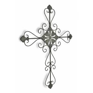Homeroots.co 379858 Large Gray Metal Scroll Design Gray Hanging Cross 