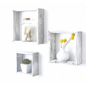 Homeroots.co 380352 Set Of 3 Square Rustic White Wash Wood Open Box Sh