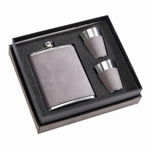 Creative 2307 Leatherette Box8 Oz Flask2 Cups Grey