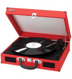 Jensen JEN-JTA-410-RED Portable 3-speed Turntable W Speakers