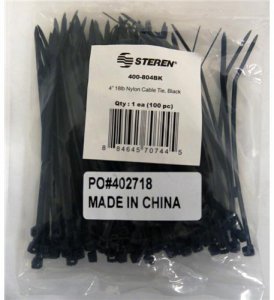 Steren ST-400-804BK 4 Black Nylon Ties 100 Pack