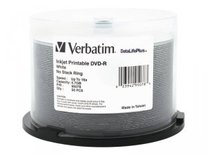 Verbatim 95078 Dvd-r, , 4.7gb, 16x, Datalifeplus White Inkjet, 50pk Sp