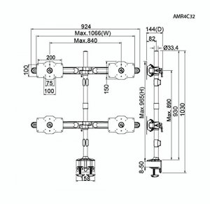 Amer AMR4C32 Quad Monitor Clamp Mount Supports Up To 4 Led Or Lcd Moni