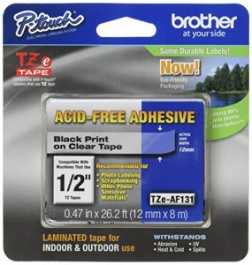 Brother TZEAF131 12 Inch Black On Clear Acid-free Tape - 26.2 Ft