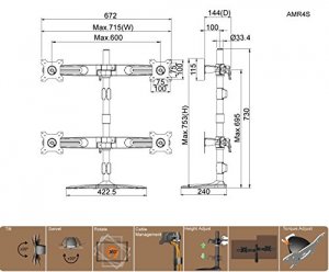 Amer AMR4S+ One Over Three, Quad Monitor Mount Stand Supports Up To 24