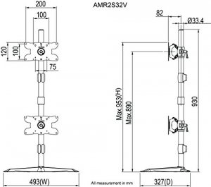 Amer AMR2S32V Dual Verticle Monitor Mount Stand For 2 Larger Led Or Lc
