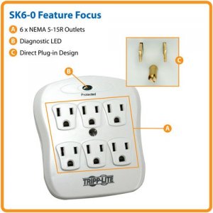 Tripp SK6-0 Surge Protector Wallmount Direct Plug In 120v 6 Outlet 540