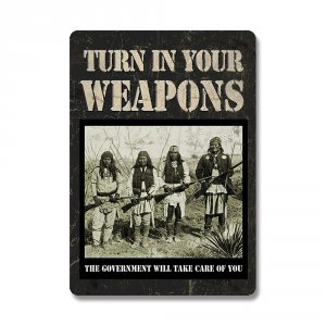 Rivers 1589 16in Turn In Your Weapons Tin Sign