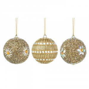 Christmas 10017587 Golden Beaded Ball Ornament Trio