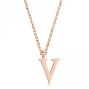 Icon J11773 Elaina Rose Gold Stainless Steel V Initial Necklace P11456