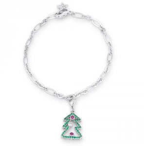 Icon J12347 Christmas Tree 0.35ct Cz Rhodium Holiday Charm Bracelet B0