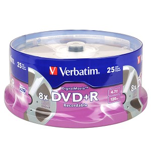 Verbatim 94865 Dvd+r, , 4.7gb, 8x, Digitalmovie Surface, 25pk Spindle,