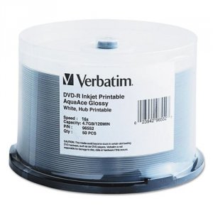 Verbatim 96552 Dvd-r, , 4.7gb, 16x, Aquaace, White Glossy Inkjet, 50pk