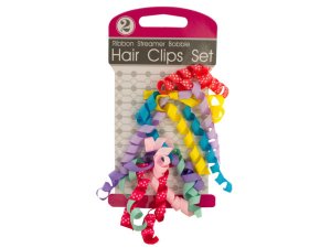 Bulk BI882 Ribbon Streamer Bobble Hair Clips Set