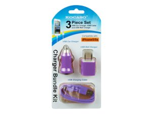 Bulk EN290 Purple 3 Piece Iphone Charging Set With Wall And Car Charge