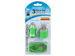 Bulk EN286 Green 3 Piece Iphone Charging Set With Wall And Car Charger