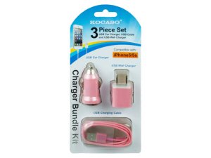 Bulk EN289 Pink 3 Piece Iphone Charging Set With Wall And Car Charger