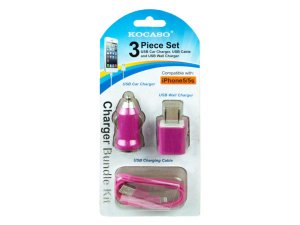 Bulk EN287 Hot Pink 3 Piece Iphone Charging Set With Wall And Car Char