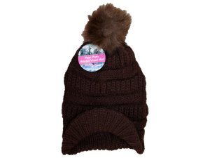 Bulk GH739 Coffee Knit Visor Beanie With Faux Fur Pom