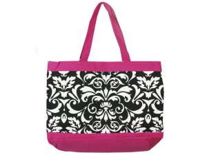 Bulk BB782 Damask Black, White  Pink Fabric Tote Bag