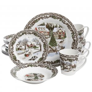 Gibson 105979.16 Home Christmas Toile 16 Piece Dinnerware Set