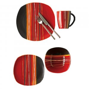 Gibson 61393.16 Bazaar Red 16pc Set, Redblack Stripes, Stoneware