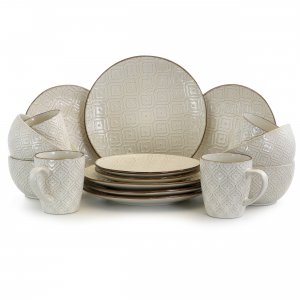 Elama EL-WHITELILY White Lily 16 Piece Luxurious Stoneware Dinnerware 