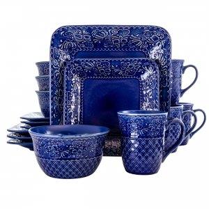 Elama EL-INDIGOLOTUS Indigo Lotus 16 Piece Square  Dinnerware Set