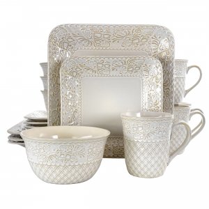 Elama EL-IVORYLOTUS Ivory Lotus 16 Piece Square Dinnerware Set