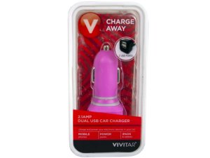 Bulk EC378 Vivitar 2.1 Amp Pink Dual Slot Usb Car Charger