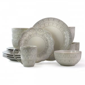 Elama EL-WHITELACE16 White Lace 16 Piece Luxurious Stoneware Dinnerwar