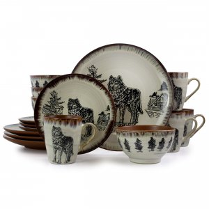 Elama EL-MAJESTICWOLF16 Majestic Wolf 16 Piece Luxurious Stoneware Din