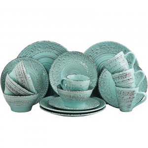 Elama ELM-MALIBU-WAVES Malibu Waves 16-piece Dinnerware Set In Turquoi