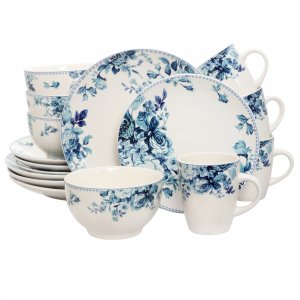 Elama EL-BLUE-ROSE Traditional Blue Rose 16 Piece Dinnerware Set