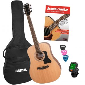 Cascha HH2141EN Dreadnought Acoustic Guitar Bundle (incl. Padded Bag. 