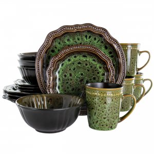 Elama EL-JADEWAVES Jade Waves 16 Piece Stoneware Dinnerware Set In Gre