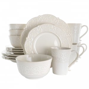 Elama EL-LUNA16 Luna 16 Piece Embossed Scalloped Stoneware Dinnerware 