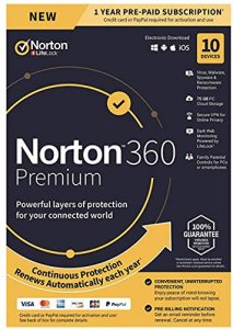 Symantec 21389990 Norton 360 Premium For Up To 10 Devices, Provides Po