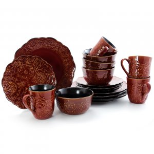 Gibson 124152.16 Portina 16 Piece Stoneware Dinnerware Set In Rust, Se