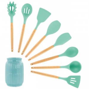 Megachef MGSP-455 Mint Green Silicone And Wood Cooking Utensils, Set O