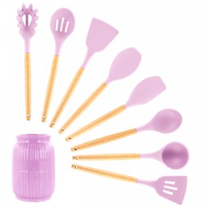 Megachef MGSP-460 Pink Silicone And Wood Cooking Utensils, Set Of 9